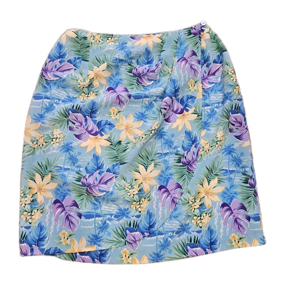 Vtg Dress Floral Wrap Skirt Women 12 Mini Blue Tropical Beach Cottage Boho Retro